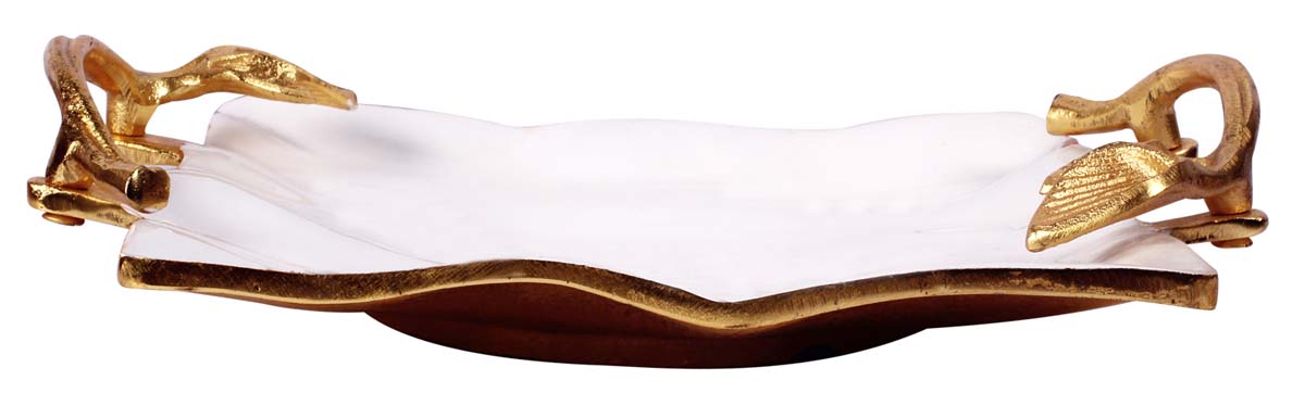 Buy in Bulk Wholesale Decorative Metal Tray 14.5” Hand-Enamelled with Leaf Handles - White Golden - Modern Home Decor
